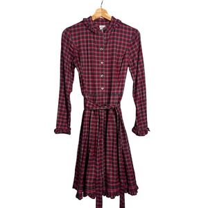 LL Bean silk Plaid Dress Size 2 Red Gray Long Sleeve Belted Ruffle Neck classic